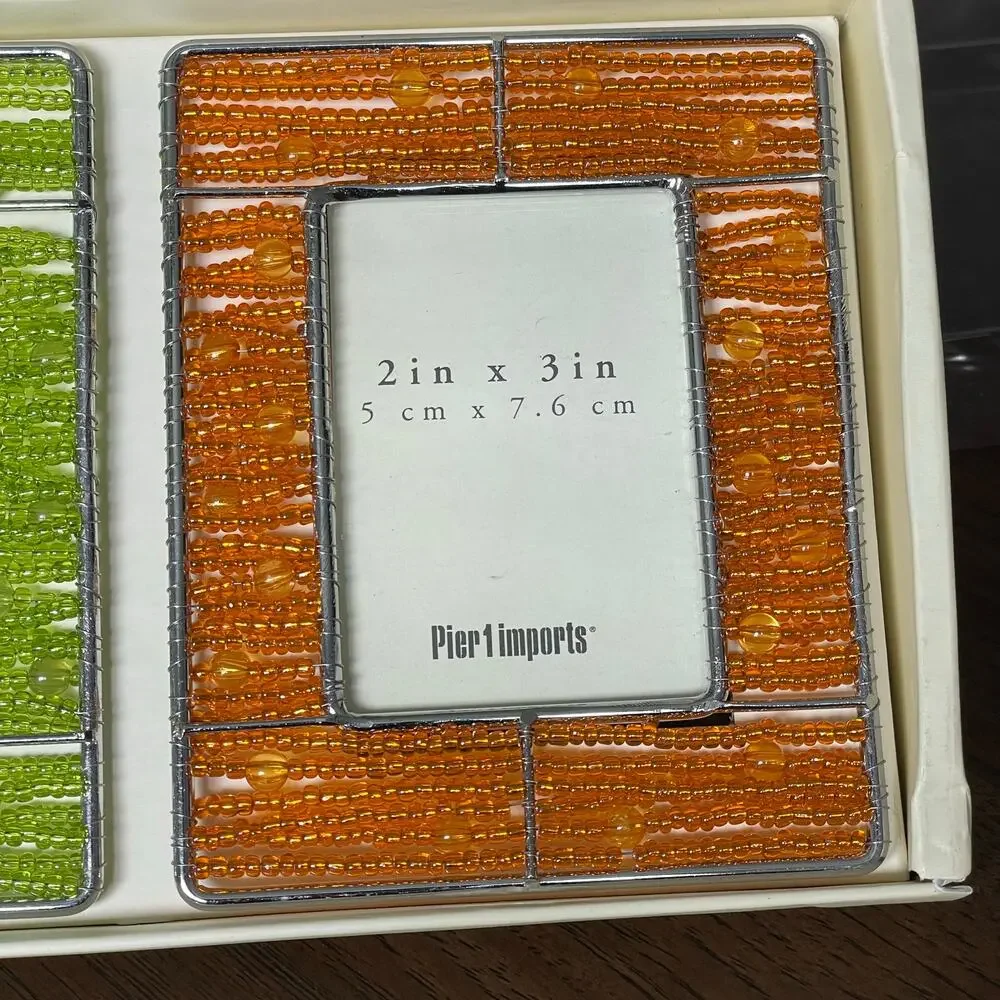 Pier 1 Beaded Picture Frames Lot of 3 Mini Photo Orange Blue Green 2